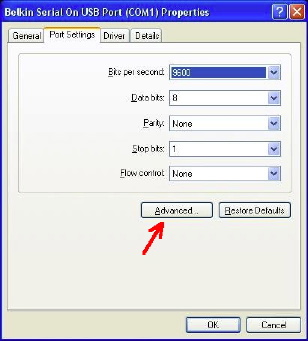 port settings for COM1 properties